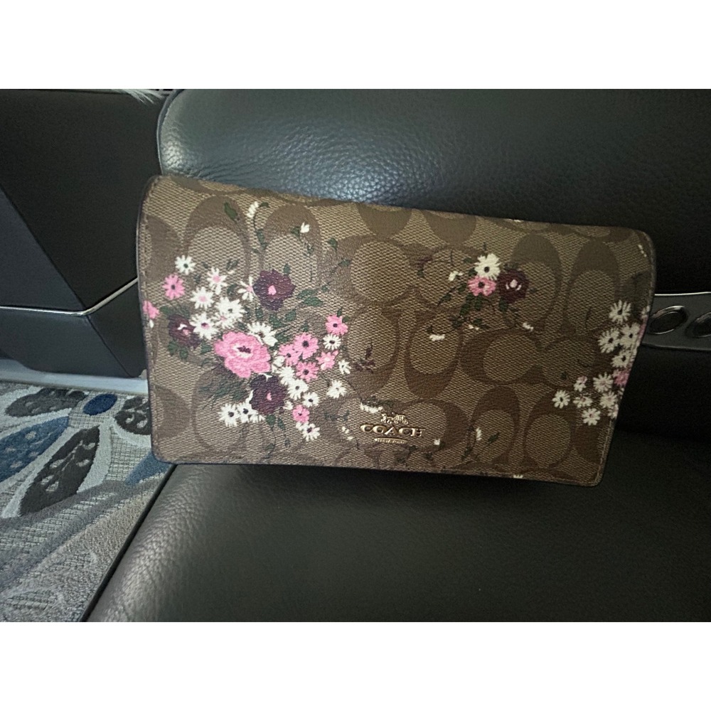 Coach Signature Floral Print Crossbody Bag Brown Pink Monogram Wallet Clutch - Picture 3 of 10